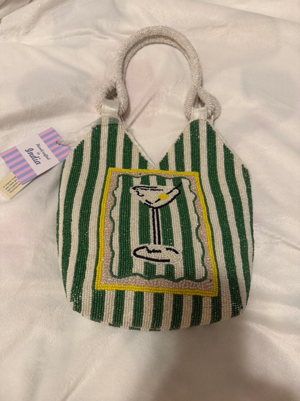 Gildan Beaded Green & White Striped Cocktail Motif Wristlet